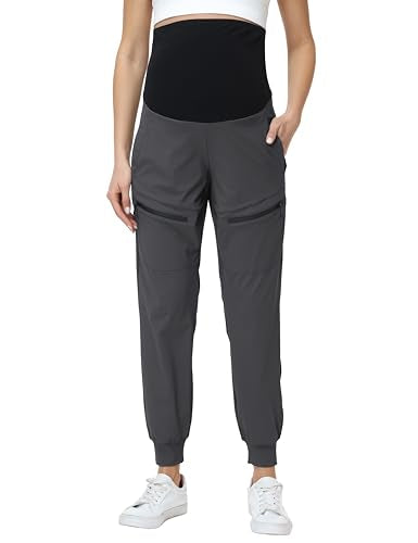 Foucome Women's Maternity Cargo Joggers with 4 Zipper Pockets - color: Grey, size: Small