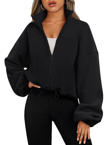 AUTOMET Womens Fleece Jackets Zip Up Oversized Cropped Sweatshirts - color: Black, size: X-Small