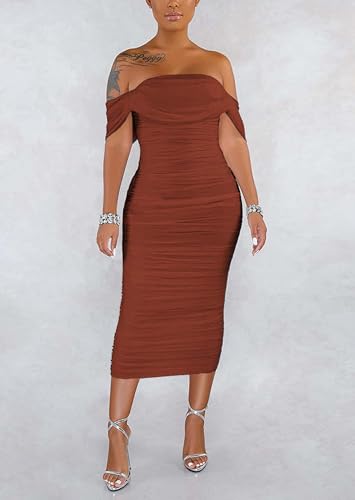 Fooullaide Women's Sexy Off Shoulder Sleeveless Bodycon Ruched Midi Dress - color: 88-copper, size: Medium