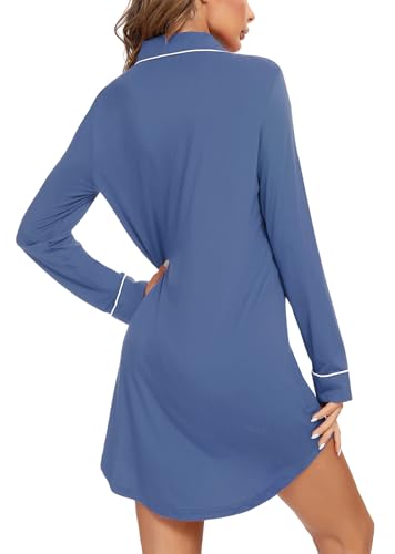 Samring Nightgowns for Women Long Sleeve Button Down Night Gown Sleepshirts - color: Blue, size: Large