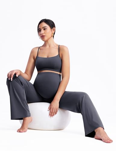POSHDIVAH Creamluxe Maternity Wide Leg Pants Pregnancy Work Trousers - color: Charcoal Gray, size: XX-Large