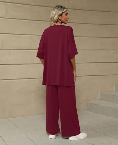 KevaMolly 2 Piece Lounge Set for Women Comfy Pajamas Set - color: Wine, size: Medium