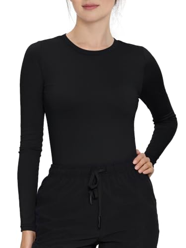 Underscrub Long Sleeve Women High Crew Neck Comfort Tee, Scrub Undershirt - color: Black, size: Small