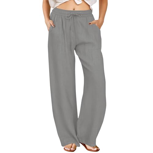 FireSwan Linen Pants Women Drawstring Elastic Waist Wide Leg Palazzo Pants - color: Grey, size: Large