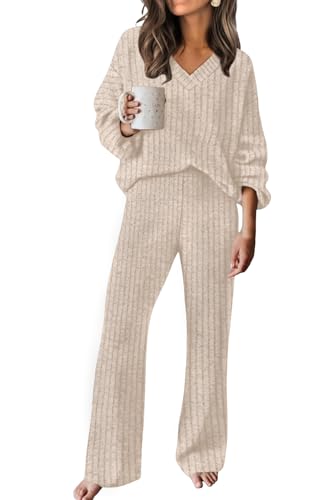 RUMIA Lounge Sets for Women Cozy Travel Matching Sweater Fall Outfits - color: Beige, size: Medium