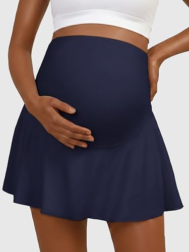 Ecavus Maternity Tennis Skirt, High Waisted Athletic Skirt with Pockets - color: Navy, size: Large