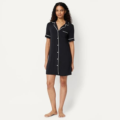 Amazon Essentials Women's Modal-Blend Nightgown, Short Sleeve Button-Down - color: Black, size: XX-Large