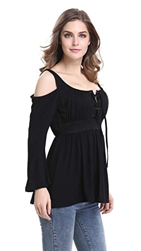 Women's Cold Shoulder Lace Up Casual Tunic Solid Blouse Tops - color: Black, size: Large