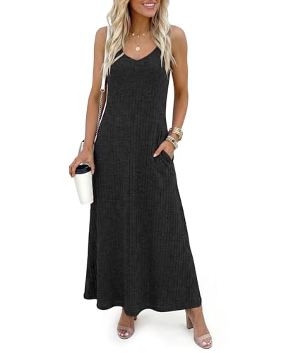 LILBETTER Women's Summer Maxi Dress Casual Flowy Spaghetti Strap Beach Long Dresses with Pockets - color: Black, size: XX-Large