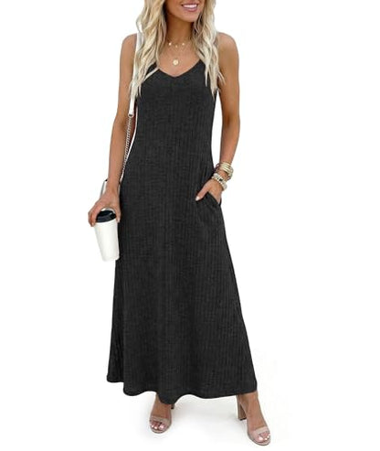 LILBETTER Women's Summer Maxi Dress Casual Flowy Spaghetti Strap Beach Long Dresses with Pockets - color: Black, size: XX-Large