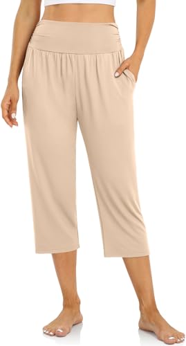UEU Women's Yoga Capri Pants Loose Soft Drawstring Workout Sweatpants - color: Capris, Beige, size: Medium