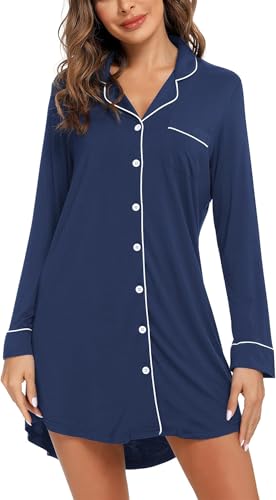 Samring Nightgowns for Women Long Sleeve Button Down Night Gown Sleepshirts - color: Cyan Blue, size: Medium