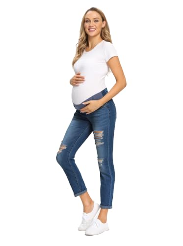 Foucome Women's Maternity Jeans Stretch Ripped Boyfriend Jeans - color: 066# - Dark Blue, size: Medium