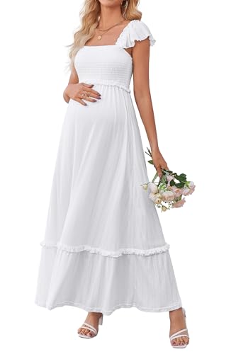 OUGES Women's Ruffle Sleeve Summer Baby Shower Maternity Photoshoot Dress - color: White, size: X-Large
