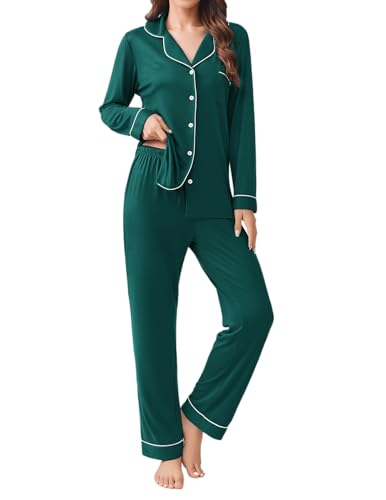 Ekouaer Womens Pajamas Set Button Down Long Sleeve Top & Pants Lounge Sets - color: Blue Green, size: Medium