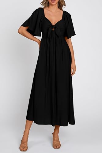 PRETTYGARDEN Women's Summer Bow Tie V Neck Midi Dresses - color: Black, size: Large