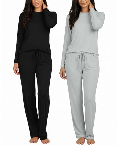 2 Pack Women's Pajama Sets Long Sleeve Sleepwear Comfy Cute Loungewear PJ - color: Set M Black & Dawn Blue, size: Small