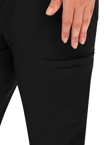 COZYFIT Scrubs for Women - V Neck Top & Cargo Straight Pants 12 Pockets - color: Black, size: Small