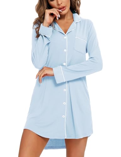 Anjue Long Sleeve Button Down Pajama Nightgowns for Women - color: 101light Blue, size: Large