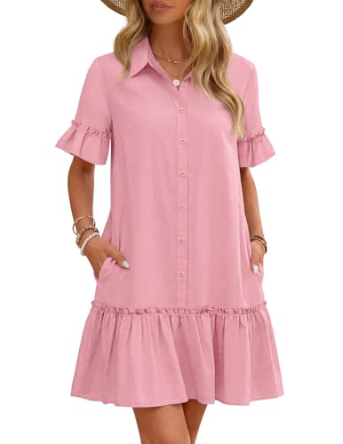 MEROKEETY Women's Summer Casual Tshirt Dress Button Down Shift Mini Dresses - color: Pink, size: Large
