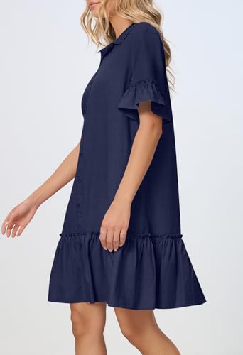 MEROKEETY Women's Summer Casual Tshirt Dress Button Down Shift Mini Dresses - color: Navy, size: Small