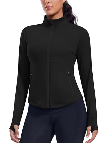 PINSPARK Women's Cropped Workout Jacket Lightweight Full Zip Running Jacket - color: Black, size: Medium