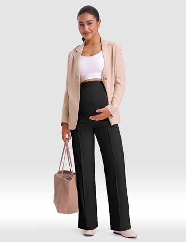 Mama Land Maternity Work Dress Pants, Stretchy Wide Leg with Pockets - color: Black, size: Medium Tall