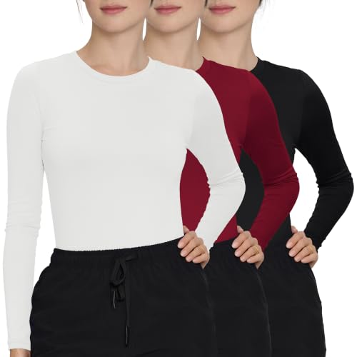 3 Pack Underscrub Long Sleeve Women High Crew Neck, Scrub Undershirt - color: Black/White/Burgundy, size: Small