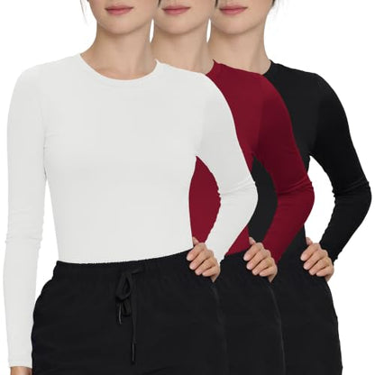 3 Pack Underscrub Long Sleeve Women High Crew Neck, Scrub Undershirt - color: Black/White/Burgundy, size: Small