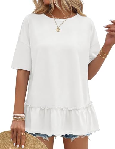 MEROKEETY Women's 2026 Summer Short Sleeve Peplum Casual Ruffle Tops - color: White, size: Large