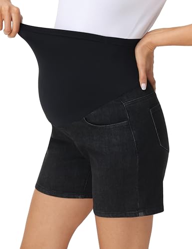 Foucome Women's Maternity Jean Shorts Over the Belly - color: Wash Black, size: XX-Large