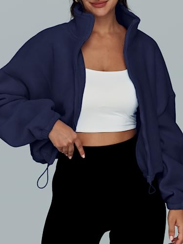 AUTOMET Womens Fleece Jackets Zip Up Oversized Cropped Sweatshirts - color: Navy, size: Medium