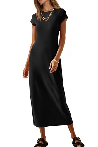 MEROKEETY Women's Summer Casual Tshirt Dress Short Sleeve Maxi Long Dresses - color: Black, size: Small