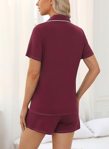 Samring Womens Pajamas Set Short Sleeve Button Down Sleepwear 2 Piece Pjs - color: Maroon, size: X-Large