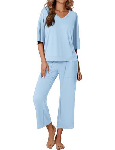 Ekouaer Lounge Sets for Women Comfy Pajamas Set 2 Piece Outfits - color: Clear Blue, size: X-Large