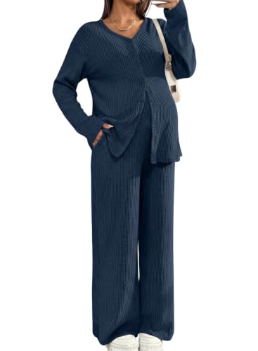 BLENCOT Maternity Lounge Set 2 Piece Long Sleeve Top and Pants with Pockets - color: Dark Blue, size: Large