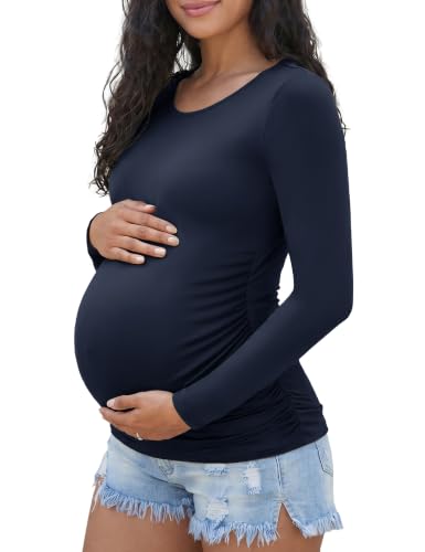 Happy.angel Women's Maternity Long Sleeve Shirts,Side Ruched Pregnancy Tops - color: Navy, size: Small