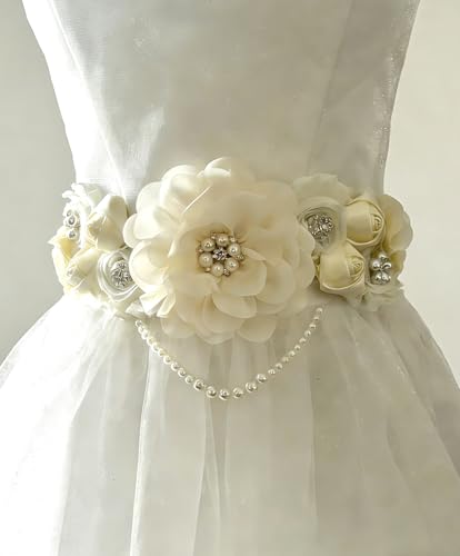 Handmade Baby Shower Sash Pearls Maternity Sash Flower Belt - color: Ivory