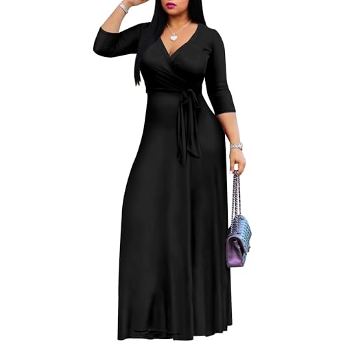Mrskoala Women Plus Size Long Maxi Wrap Dresses Summer Sundress V-Neck 3/4 Sleeve - color: Black, size: 3X-Large