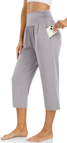UEU Women's Yoga Capri Pants Loose Soft Drawstring Workout Sweatpants - color: Capris, Light Grey, size: Large