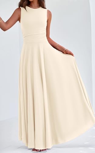 PRETTYGARDEN Womens Sleeveless Summer Dresses 2026 Flowy Aline Maxi Dress - color: Beige, size: Medium