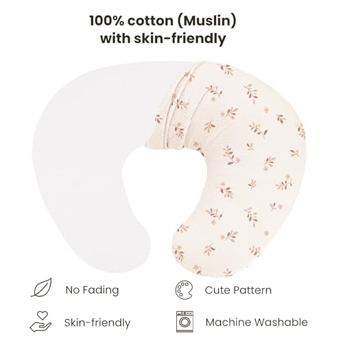 Konssy 2-Pack 100% Cotton Muslin Nursing Pillow Covers, Soft Cover for Baby - color: Brown Leaf, Pink Sun