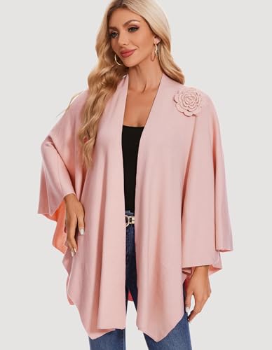 PULI Women Elegant Cross Front Floral Shawl Wraps Poncho Fall Winter - color: Pink