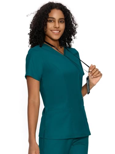 Scrub Tops for Woman, Mock Wrap Tops - color: Caribbean Blue, size: X-Small