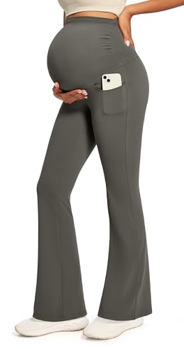 IUGA Maternity Yoga Pants for Work Maternity Flare Leggings for Women with Pockets Soft Pregnancy Over The Belly - color: Dark Grey, size: Medium