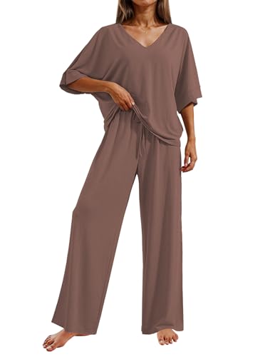 Ekouaer Pajama Sets Womens 2 Piece Short Sleeve Long Pants Pjs Lounge Set - color: Brown, size: Medium