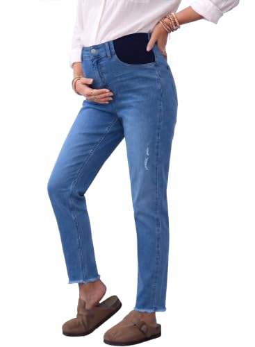 BLENCOT Womens Maternity Jeans High Waisted Pregnancy Denim Pants - color: Blue, size: Small