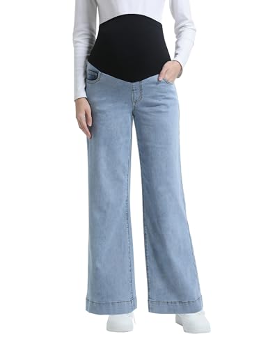 Maternity Jeans Wide Leg Loose Pregnancy Denim Pants - color: Light Blue, size: Medium