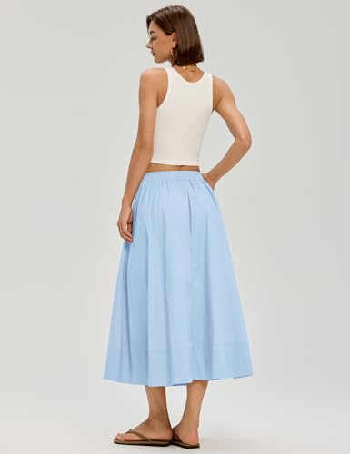 LOMON Midi Skirts for Women with Pockets A-Line Cotton Flowy Elastic Waist - color: Sky Blue, size: Small