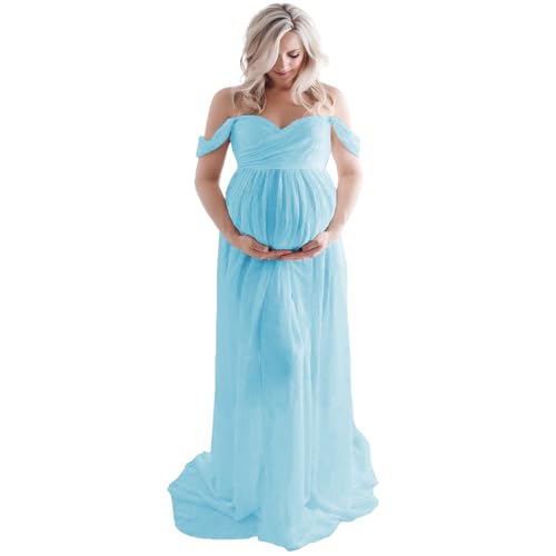 Off Shoulder Open Belly Split Front Tulle Maternity Dress for Photoshoot - color: Lightblue, size: X-Large